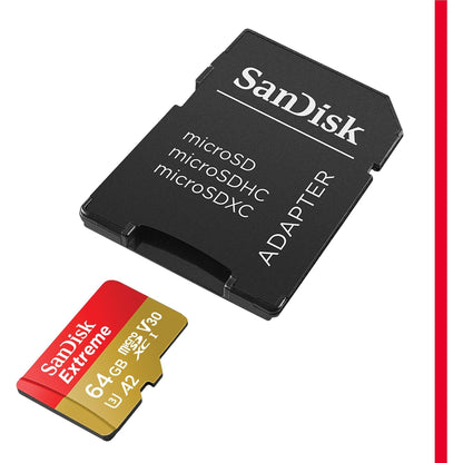 SanDisk Extreme MicroSDXC UHS-I Geheugenkaart 64 GB Met SD Adapter (1 Jaar RescuePRO Deluxe, Leessnelheden Tot 170 MB/s, A2, C10, V30, U3, 30 Jaar Garantie) Rood/Goud - NLMAX