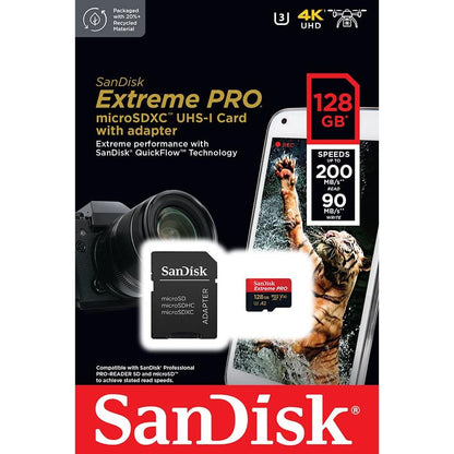 SanDisk Extreme PRO 128GB MicroSDXC UHS‐I Card with SD Adapter (A2 App Performance, 2 Year RescuePRO Deluxe Software, Read Speeds Up to 200MB/s, Class 10, UHS-I, U3, V30, 30 Year Warranty) Black - NLMAX