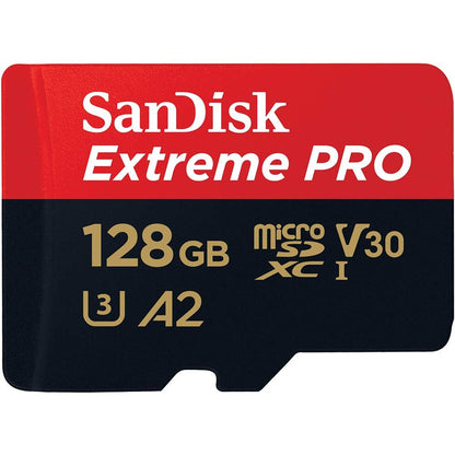 SanDisk Extreme PRO 128GB MicroSDXC UHS‐I Card with SD Adapter (A2 App Performance, 2 Year RescuePRO Deluxe Software, Read Speeds Up to 200MB/s, Class 10, UHS-I, U3, V30, 30 Year Warranty) Black - NLMAX