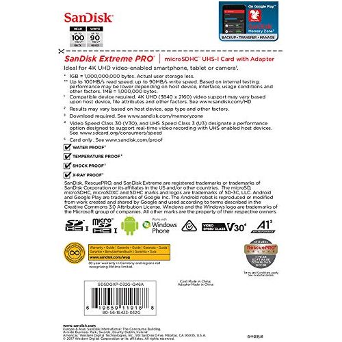 SanDisk Extreme PRO 32 GB MicroSDHC UHS‐I‐Kaart Met SD-Adapter (A1 App Performance, 2 Jaar RescuePRO Deluxe Software, Leessnelheden Tot 100 MB/s, Class 10, UHS-I, U3, V30, 30 Jaar Garantie) Zwart - NLMAX