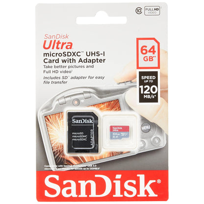 SanDisk Ultra 64GB microSDXC Memory Card + SD Adapter with A1 App Performance Up to 120MB/s, Class 10, UHS-I - NLMAX