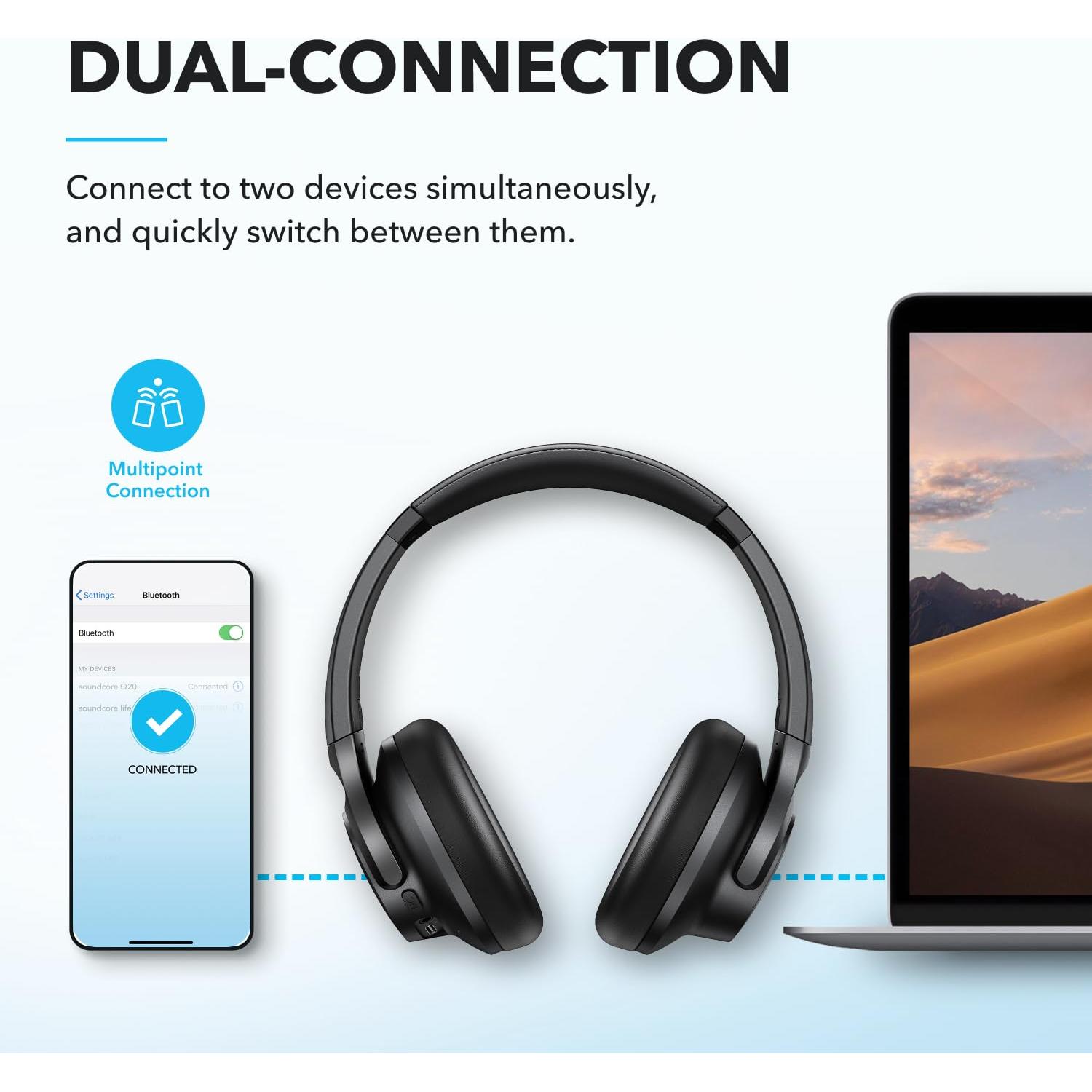 soundcore van Anker Q20i-hoofdtelefoon met hybride actieve ruisonderdrukking, bluetoothoordoppen, speelduur van 40 u, Hi-Res Audio, veel bas, appinstellingen, transparantiemodus, ideaal voor op reis - NLMAX