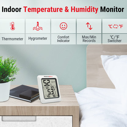 ThermoPro TP50 Digitale thermo-hygrometer, binnenthermometer, kamerthermometer met registratie en binnenklimaat-indicator voor klimaatregeling - NLMAX