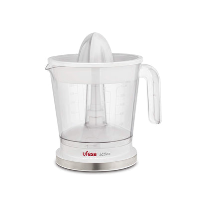 Ufesa Activa EX4942 Elektrische citruspers, 40W, Sapreservoir 1 l, Filter roestvrij staal, 2 verschillende Perskegels, Vaatwasmachinebestendig, Wit/Rood, BPA-vrij - NLMAX